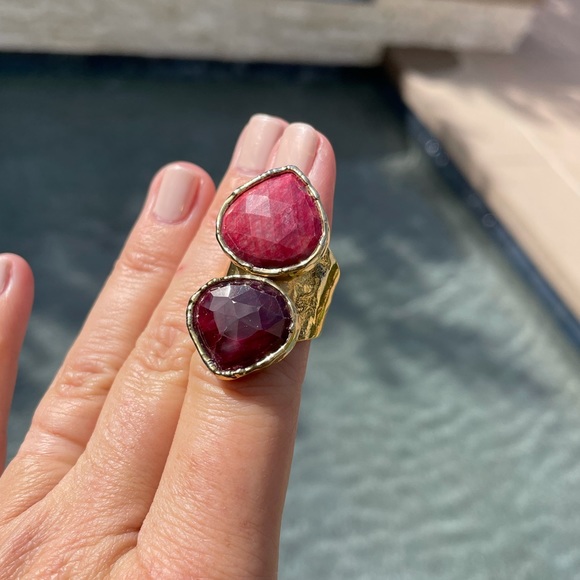 Jewelry - Double Garnet ring set in 24k electroplate gold